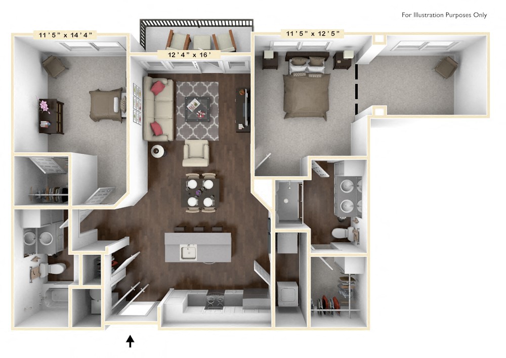 Floor plan for 2 beds, 2 baths, 1201 sqft